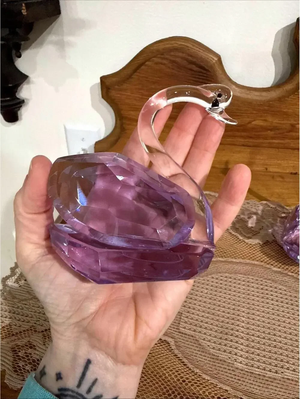 Pair Large Diamond Cut Purple Crystal Swan Figurines Paperweight Statue 5” Rare - Picture 3 of 15